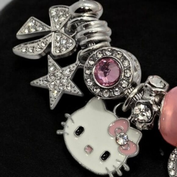 Hello Kitty Beaded Charm Bracelet Rhinestone Silver Heart Bow Cat Star Jewelry - Picture 4 of 12